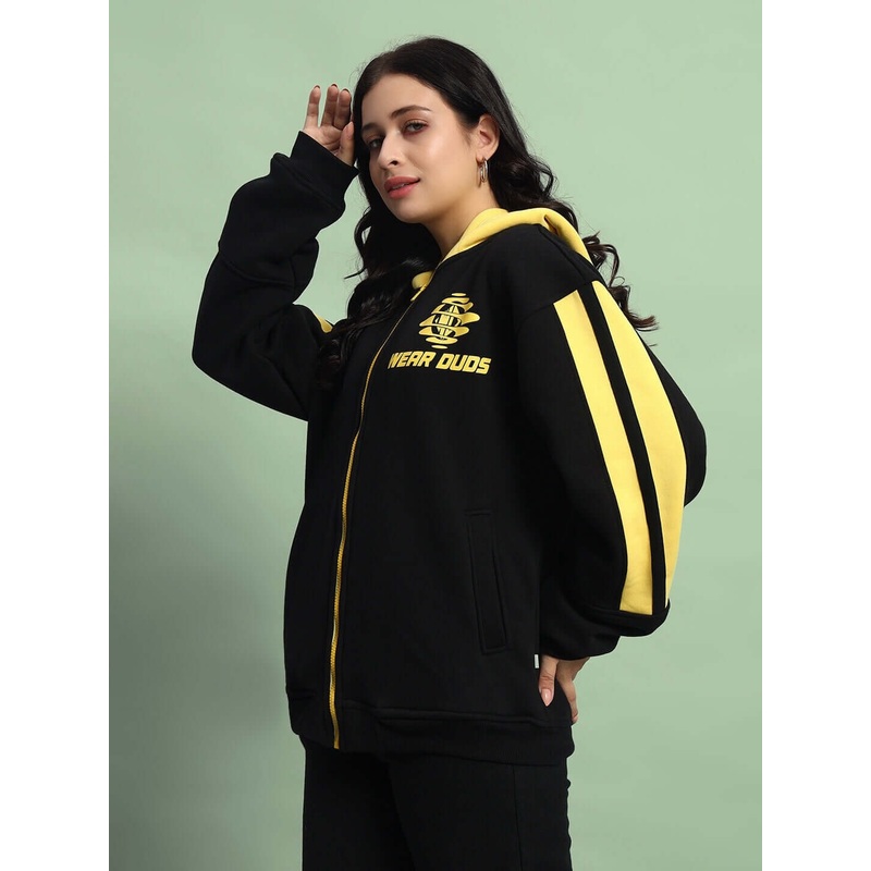 WOMENS CRUISER FLEECE COLORBLOCK HOODIE BLACK YELLOW XS