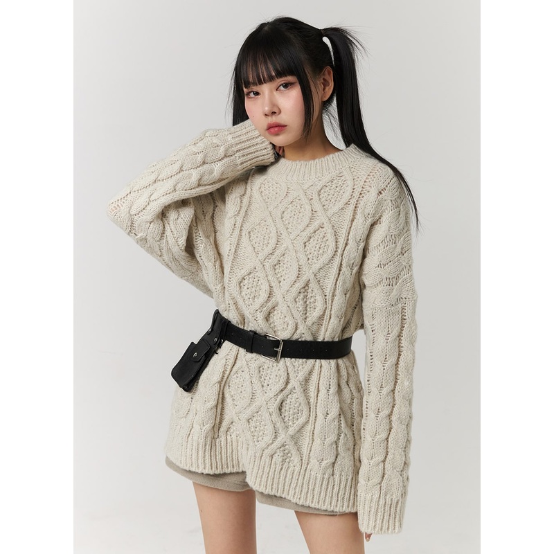 Cable Knit Sweater Mini Dress CJ405 Light beige S/M