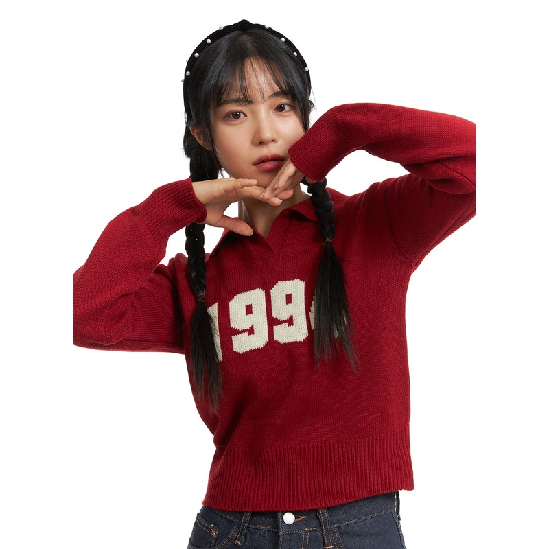 Crop Collar Lettering Sweater OJ404 Red S/M