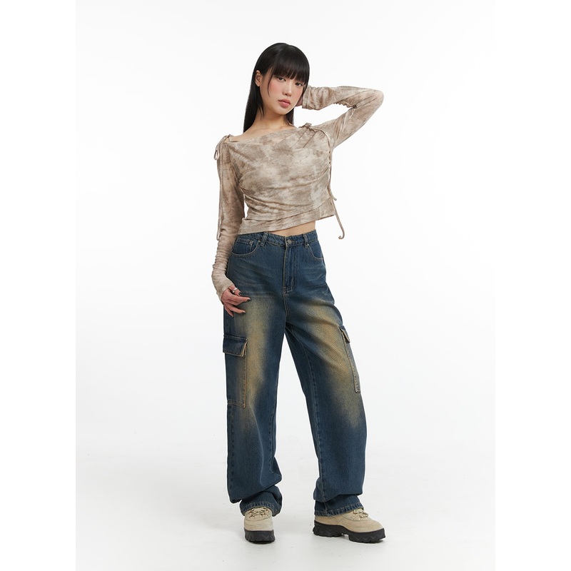 Denim High Waist Wide Leg Pocket Cargo Jeans IJ411 Dark blue S