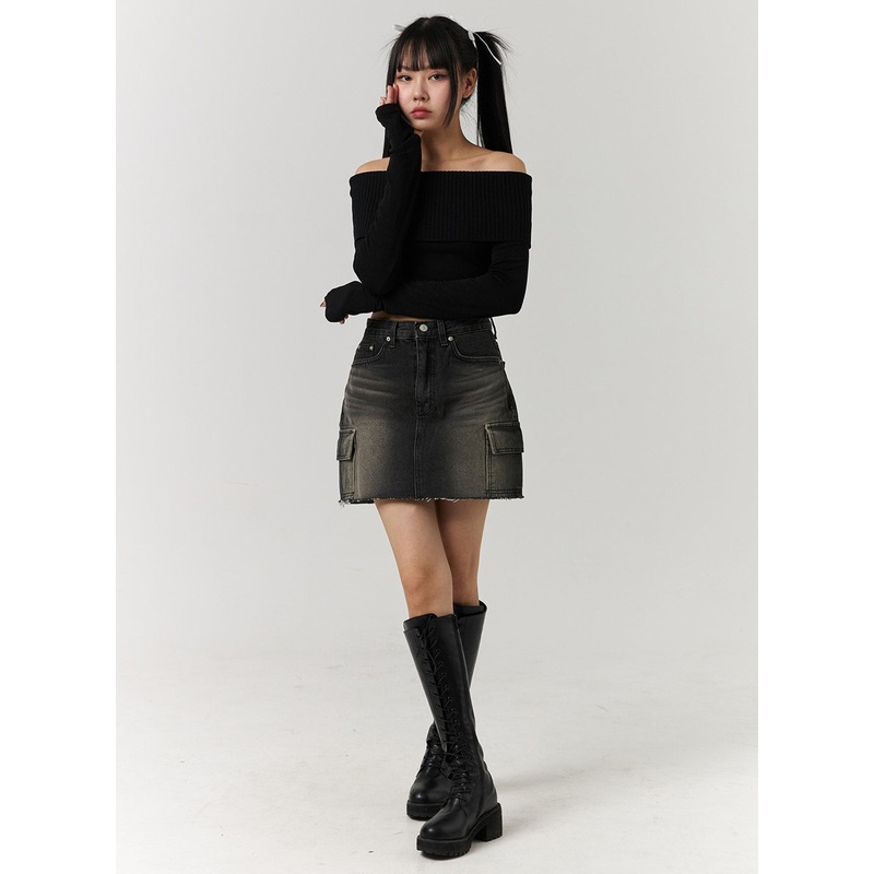 Denim Mid Waist Ripped Mini Skirt CJ405 Black S