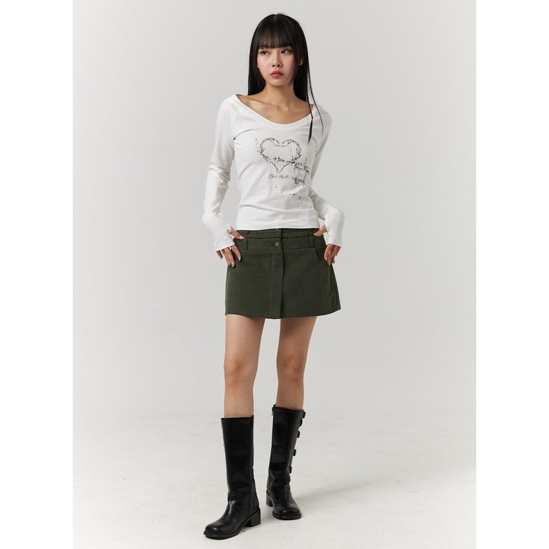 Double Button Solid Mini Skirt CJ405 Dark green S/M