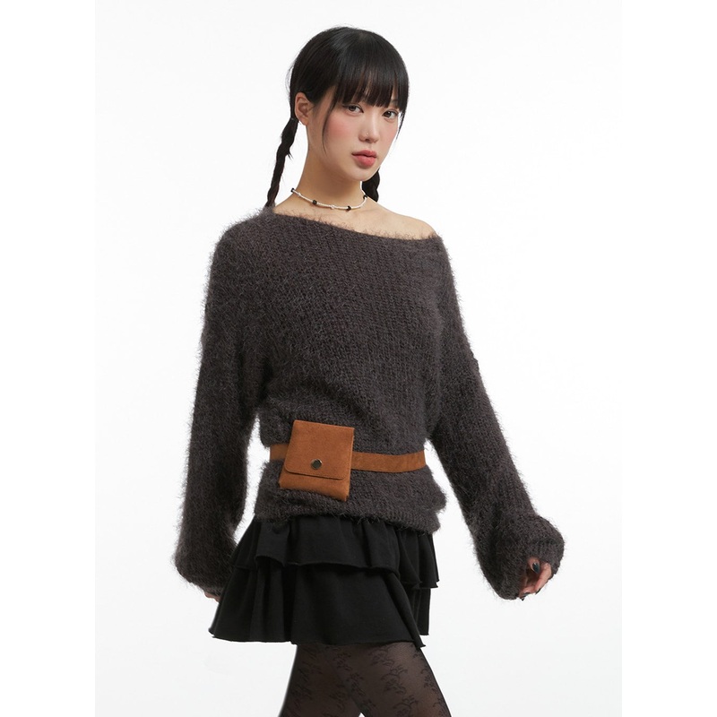 Fuzzy Boat Neck Knit Sweater IJ410 Dark brown S/M