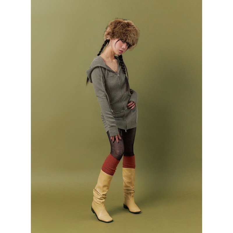 Knit Drawstring Hoodie Mini Dress IJ411 Dark beige S/M