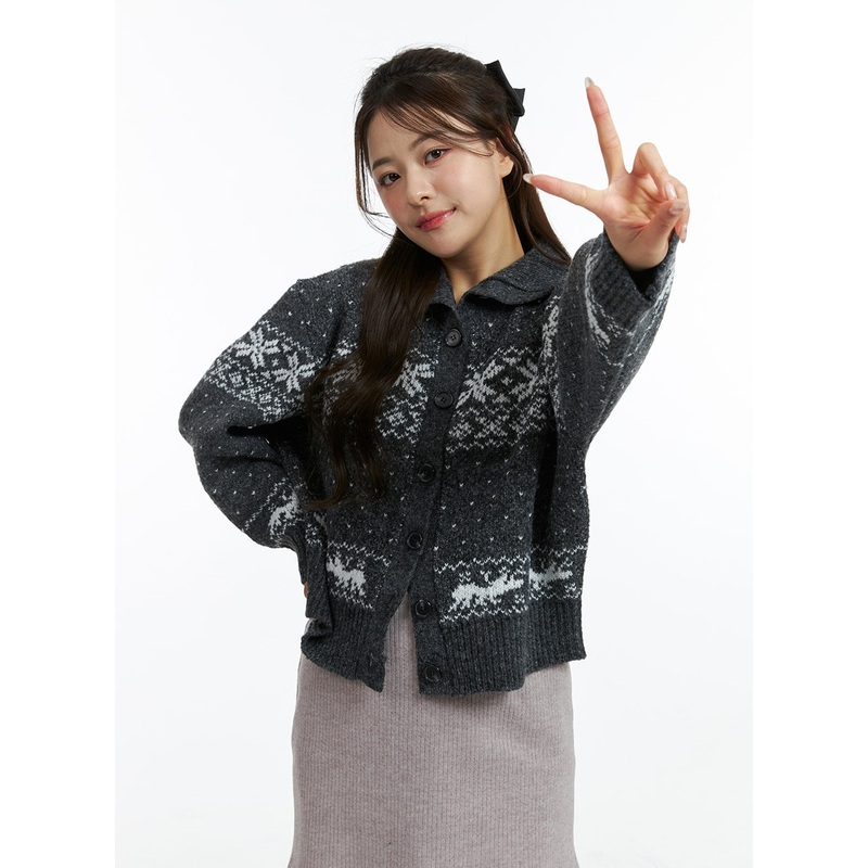 Knit Round Neck Graphic Button Cardigan OJ409 Dark gray S/M