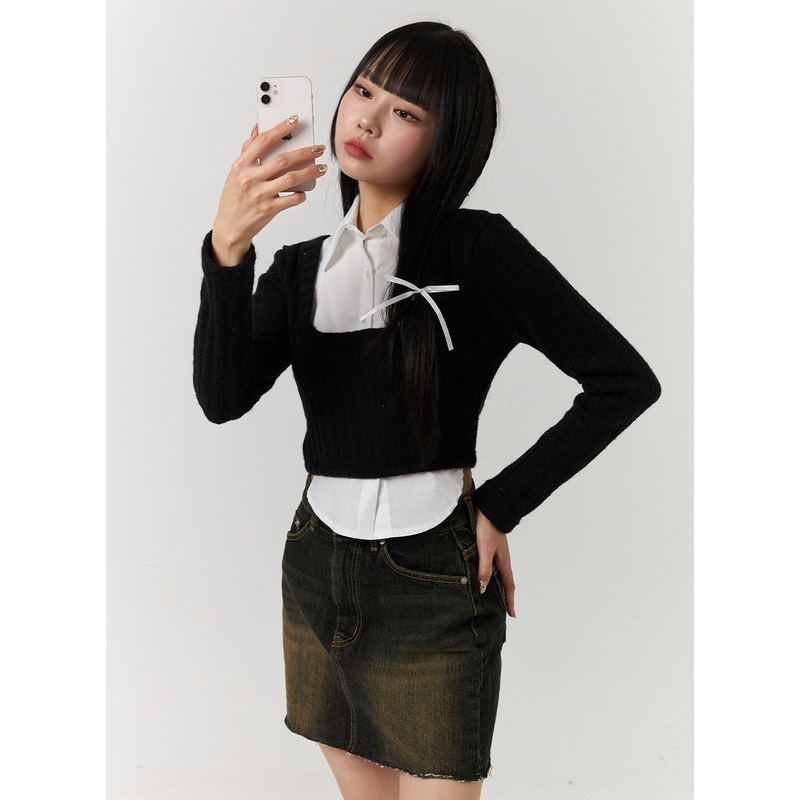 Layered Shirt Buttoned Crop Top CJ404 Black S/M