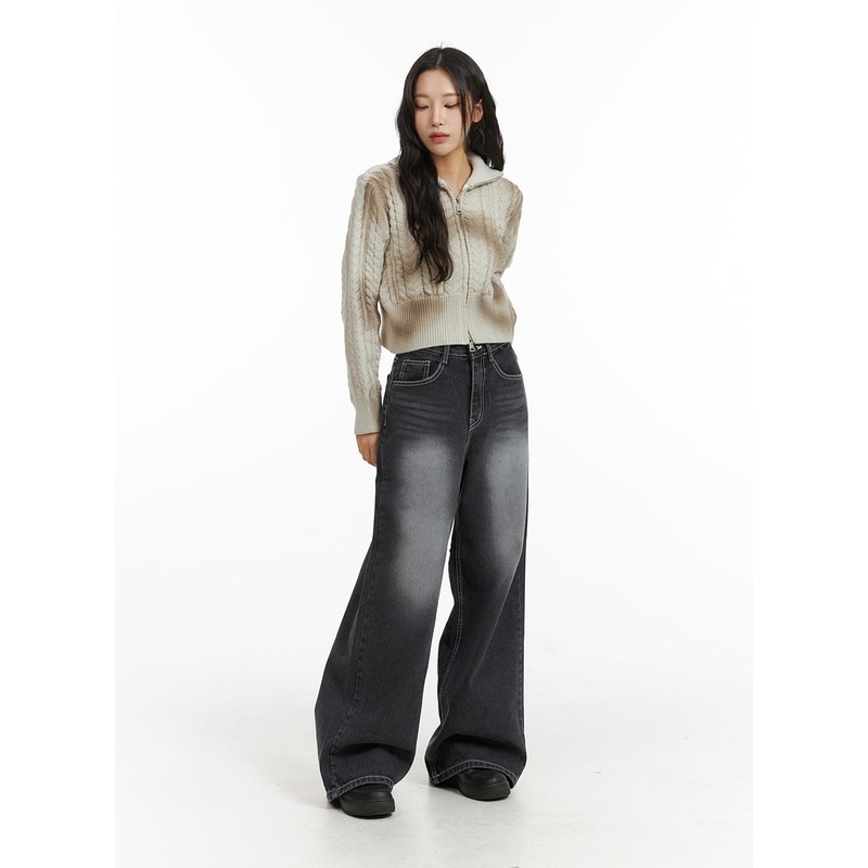 Mid Waist Washed Button Wide Leg Jeans CJ409 Black S