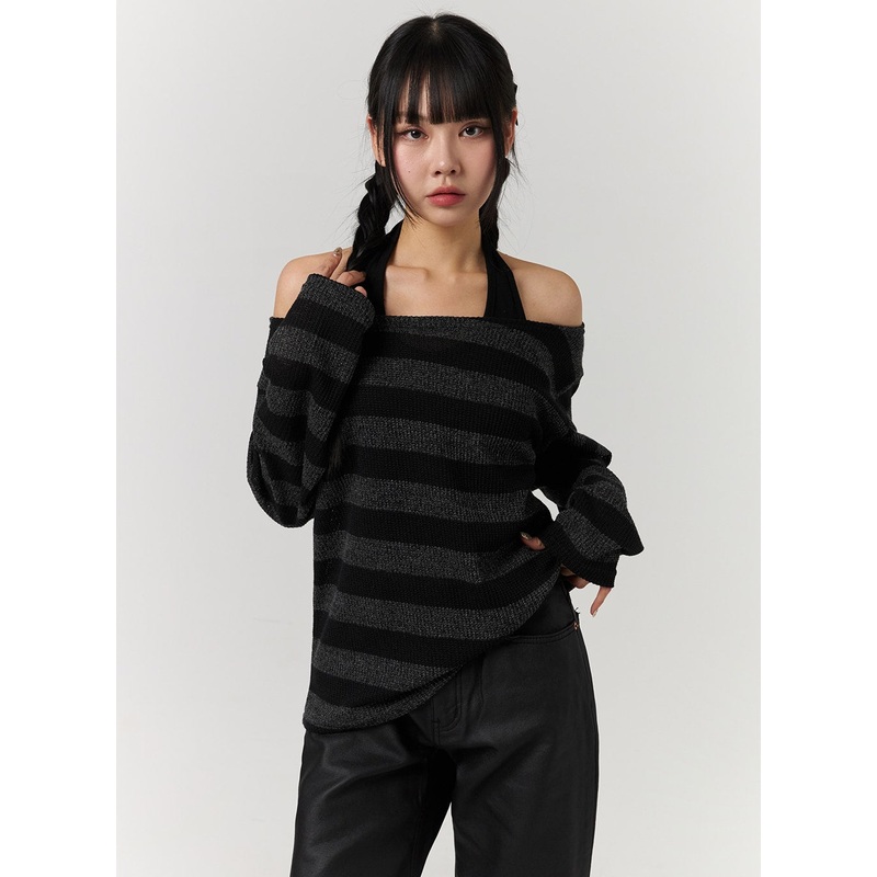 Off-Shoulder Stripe Long Sleeve Top CJ405 Black S/M