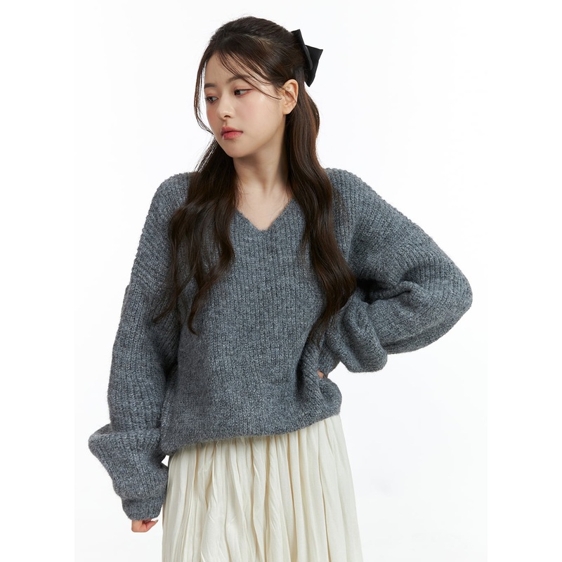 Oversized V-Neck Solid Long Sleeve Sweater OJ411 Dark gray S/M