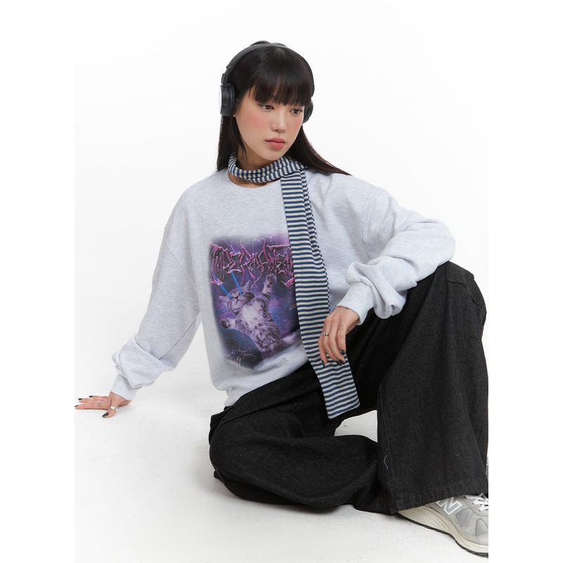 Terry Round Neckline Universal Cat Oversized Sweatshirt IJ411 Light gray M/L