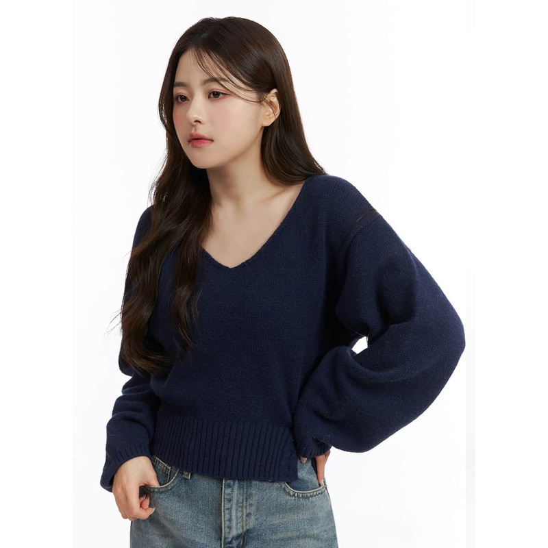 V-Neck Solid Sweater OJ411 Dark blue S/M