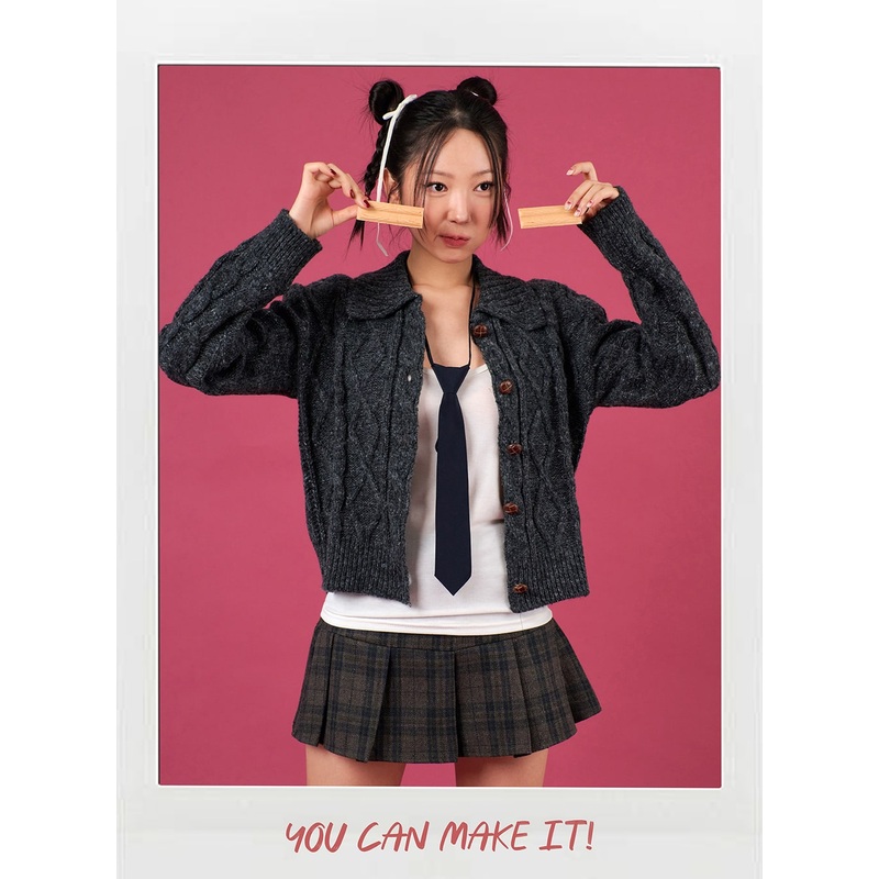 Wool-Blend Cable Knit Collar Solid Button Cardigan IJ402 Dark gray S/M