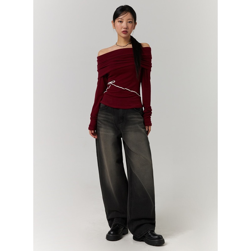 Mid Waist Wide Leg Washed Jeans CD329 Black S