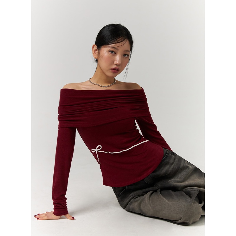 Off-Shoulder Solid Ruched Long Sleeve Top with Ribbon Detail CD329 Dark red S/M