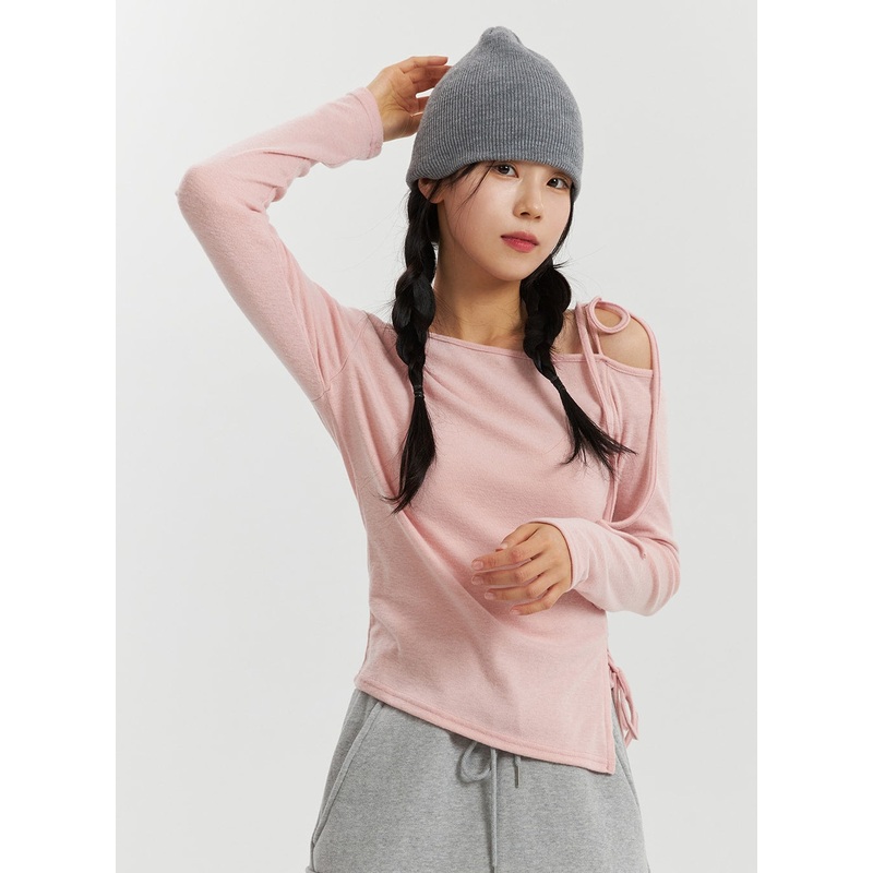 Rib and Shoulder Asymmetrical Drawstring Tee OD320 Pink S/M