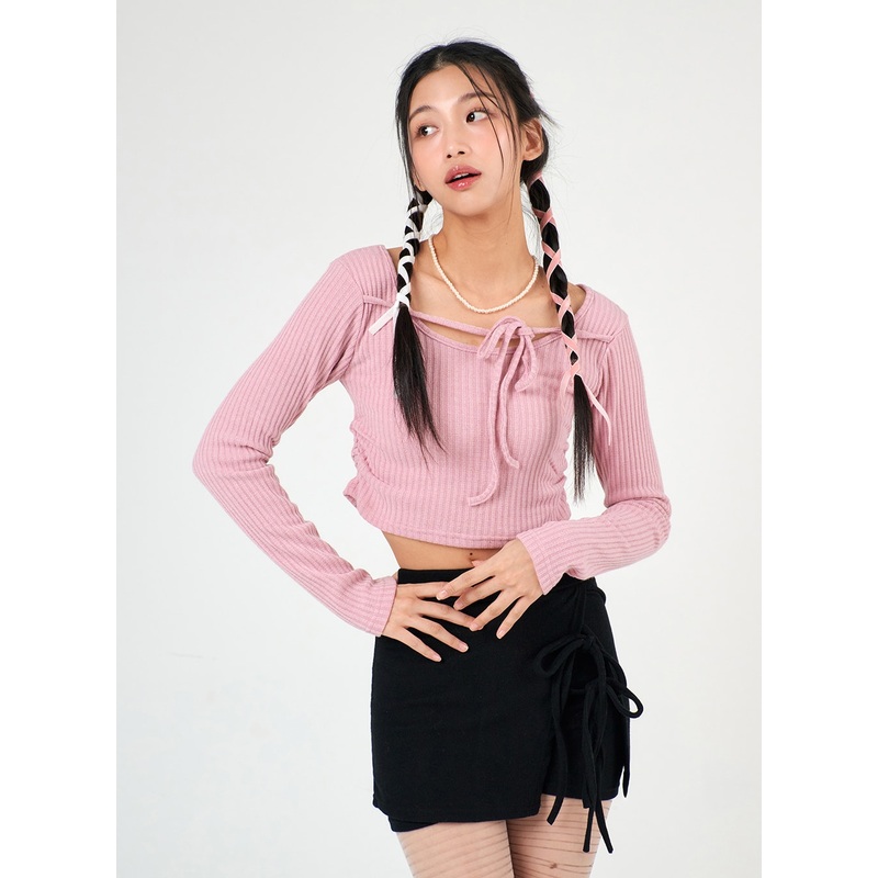 Round Neck Drawstring Ribboned Crop Long Sleeve IJ402 Pink S/M
