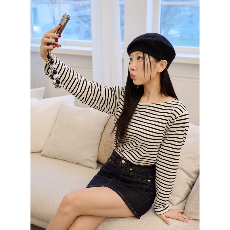 Round Neck Striped Long Sleeve Tee OD326 Black S/M