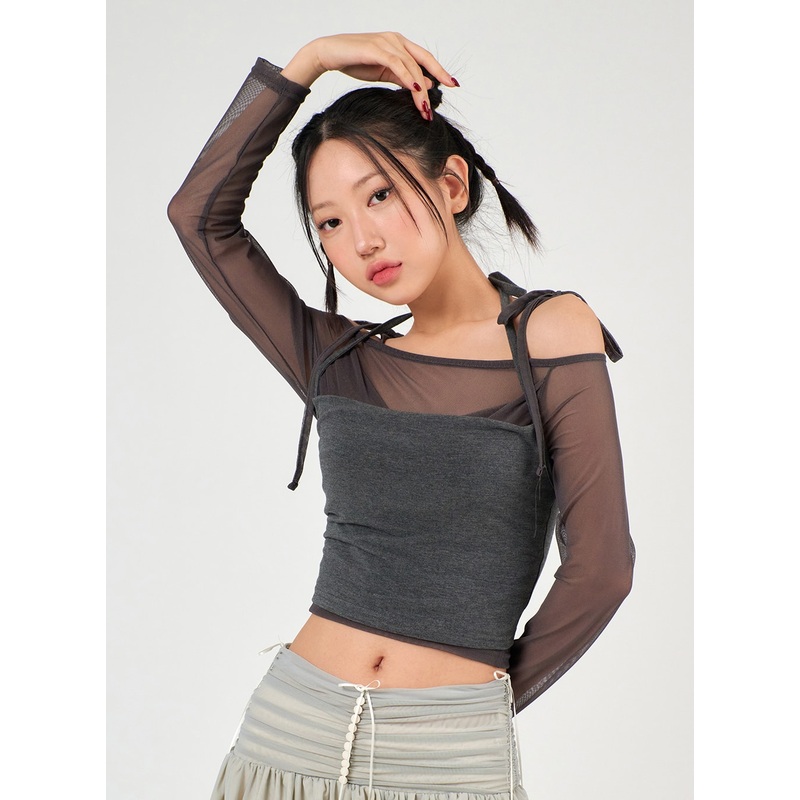 Sheer Long Sleeve Top & Halter Tank Top Set IJ402 Dark gray S/M