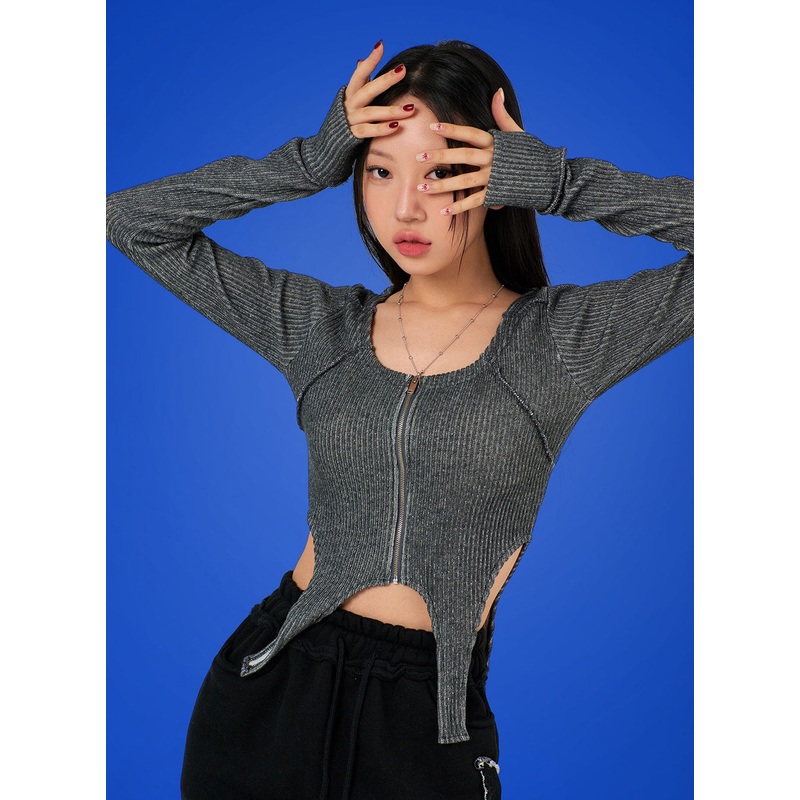 Solid Wool Blend Zip-Up Crop Top IJ402 Gray S/M