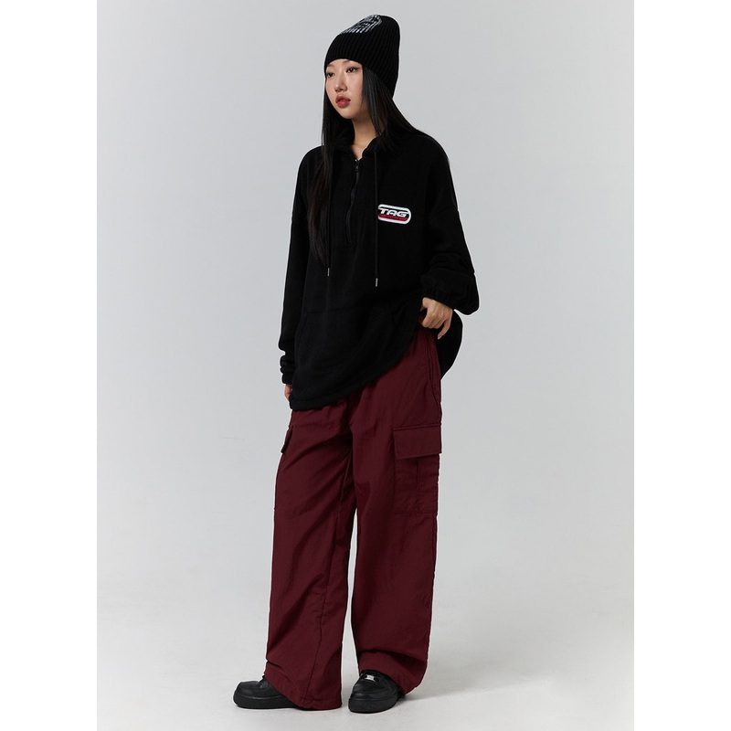 Terry Middle Waist Solid Pocket Cargo Pants (UNISEX) CD329 Dark red M