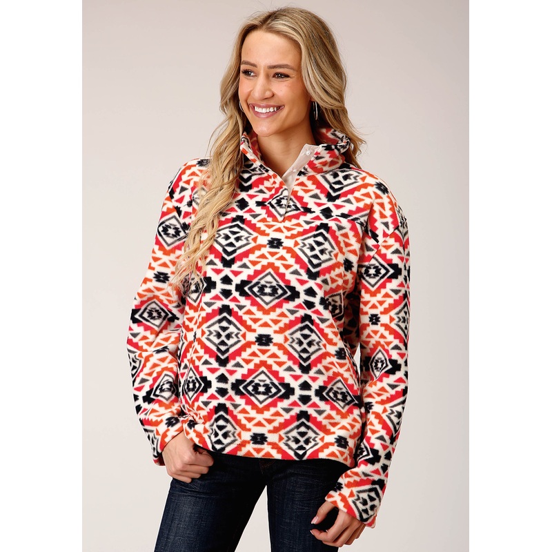 Womens Grey Orange Pink Print Fleece Pullover XS