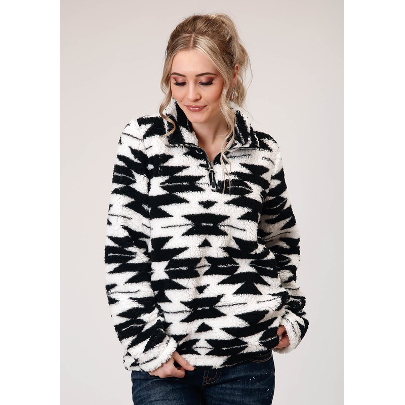 Womens Polar Fleece  Black White Aztec Pullover XS