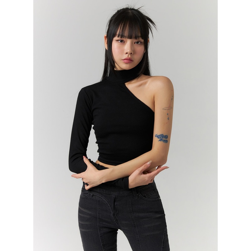 Asymmetric One Shoulder Crop Tee CD308 Black S/M