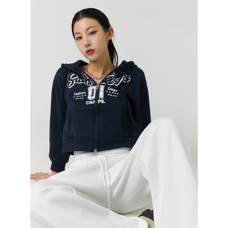 Lettering Graphic Zip-Up Plush Hoodie ID305 Dark blue S/M