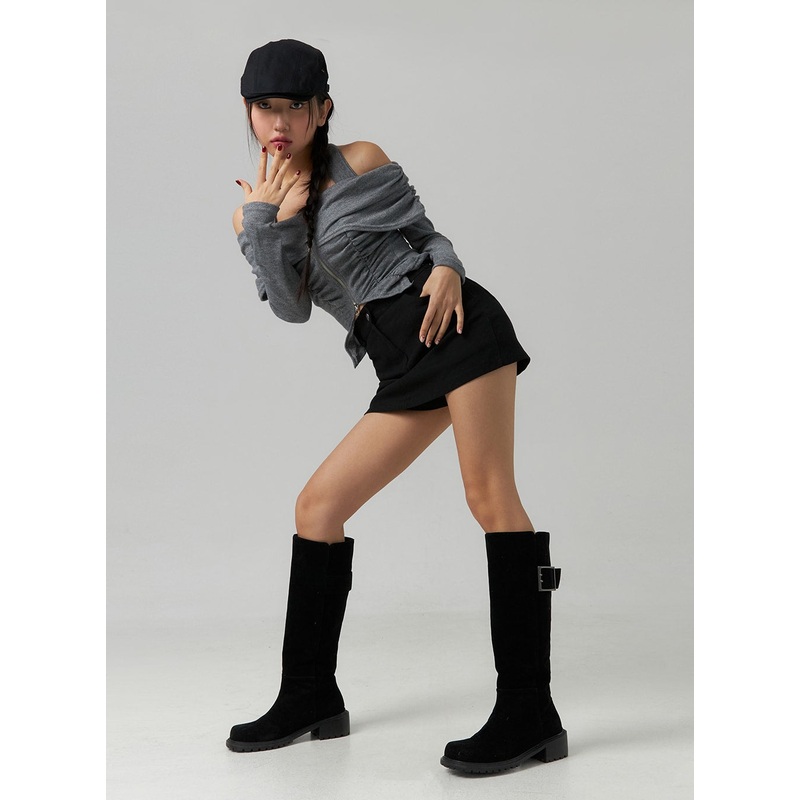 Shirred Off-Shoulder Zip-Up Crop Top CD307 Dark gray S/M