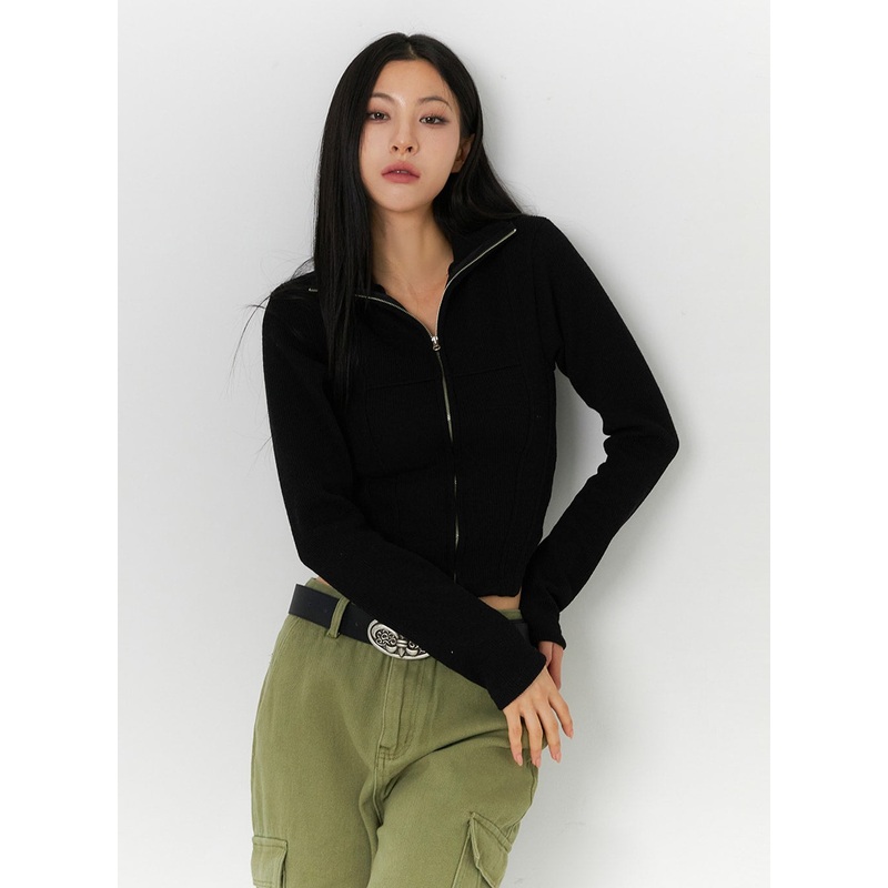 Slim Fit Zip Up Knit Top ID306 Black S/M