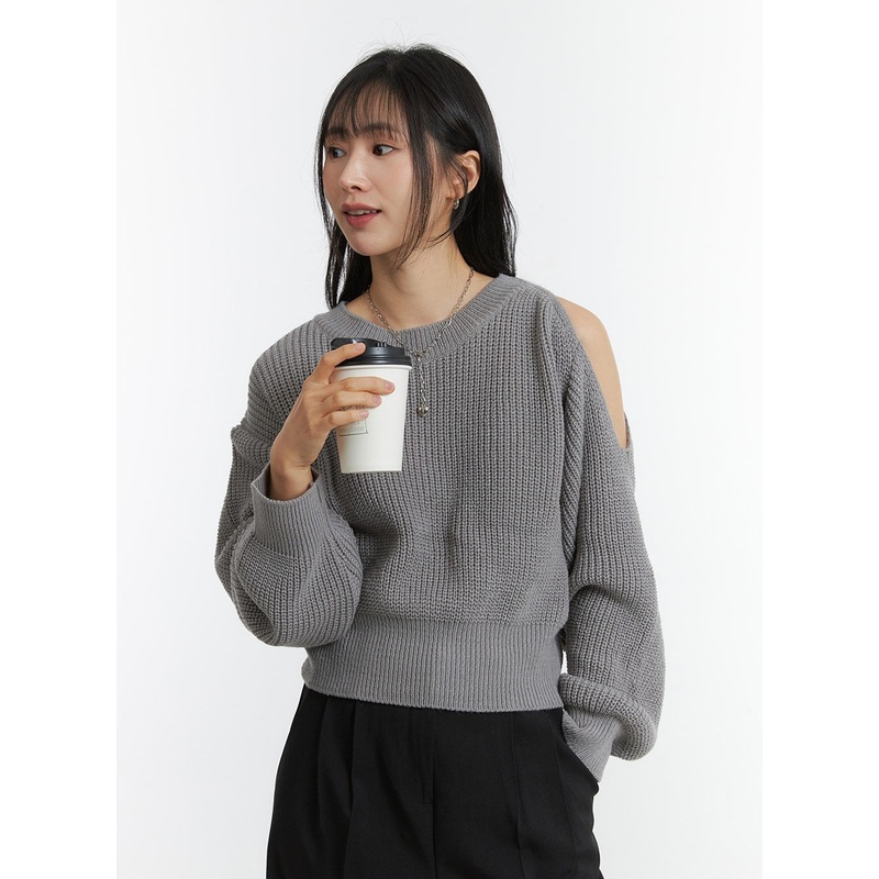 Unbalanced Opening Shoulder Knit Sweater OD308 Gray S/M