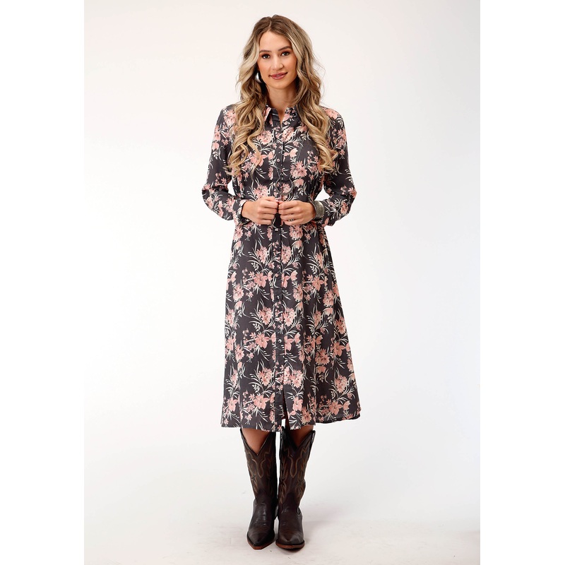 WOMENS LONG SLEEVE CORAL FLORAL PRINT WESTERN DRESS XS