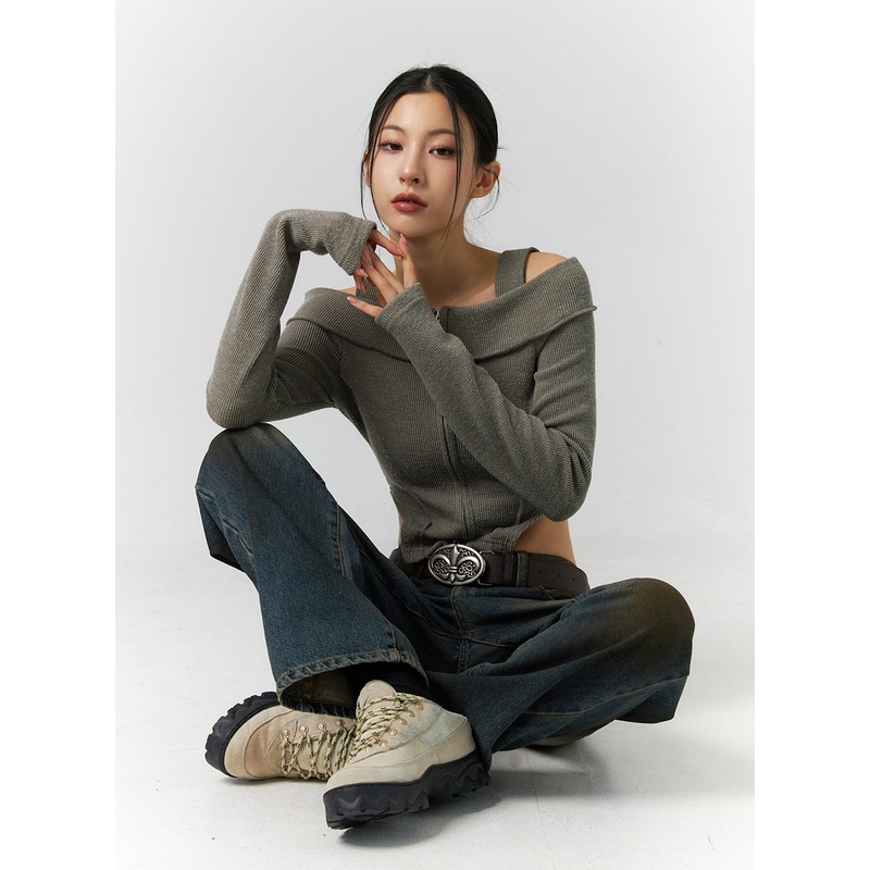 Zip Cut Out Off Shoulder Crop Sweater ID306 Dark beige S/M