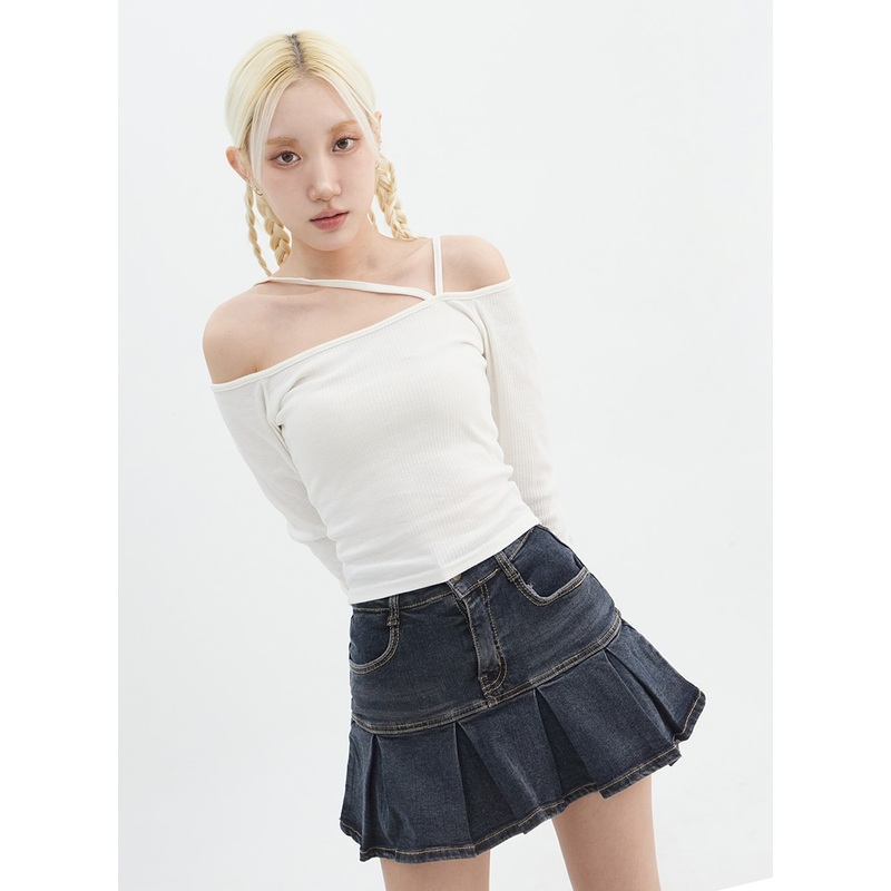 Asymmetrical Neck Off Shoulder Crop Tee IN327 White S/M