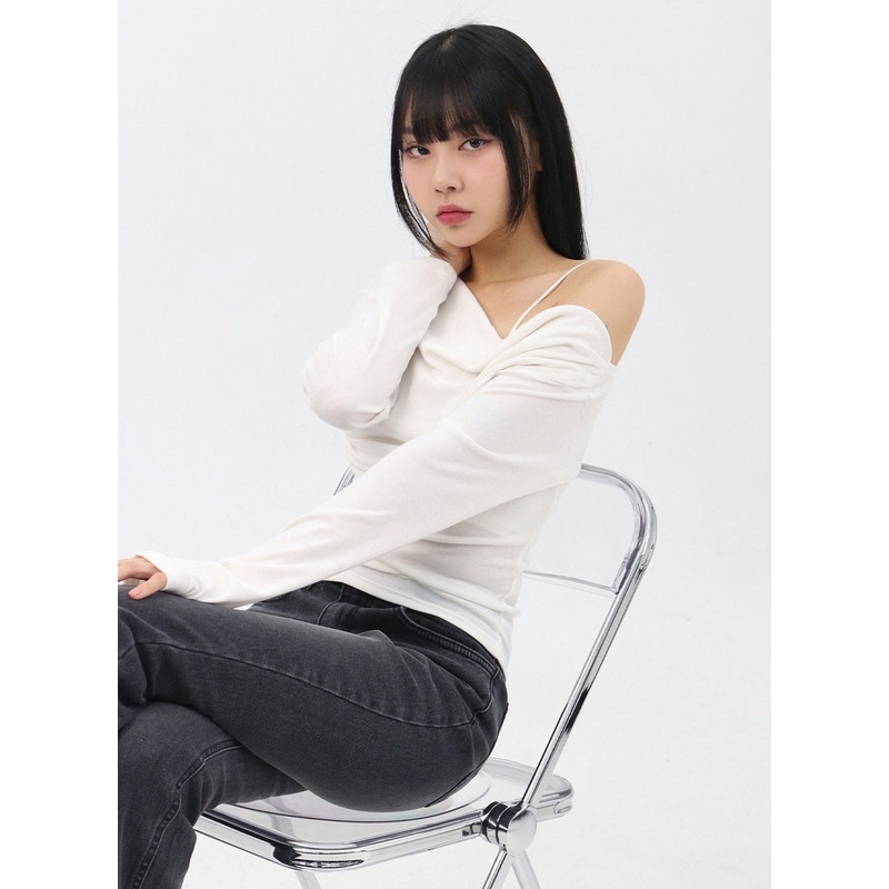 Asymmetrical Off-Shoulder Shirring Tee IN310 White S/M