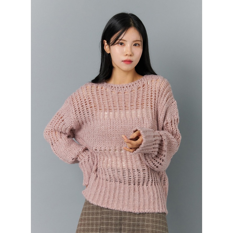 Boat Neck Mesh Knit Sweater ON324 Pink S/M