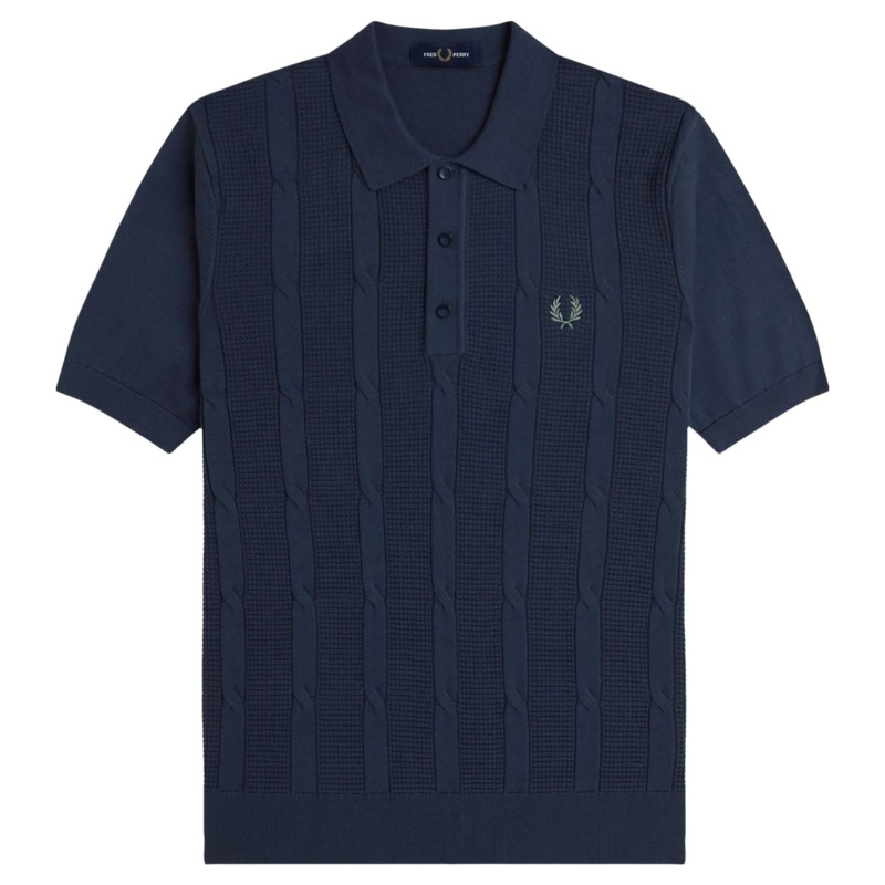 Fred Perry Textured Cable Knit Shirt Dark Airforce Medium