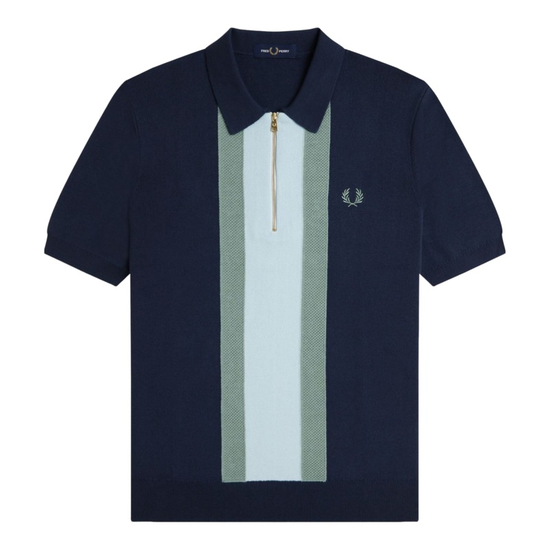 Fred Perry Textured Stripe Knitted Shirt Dark Airforce Medium