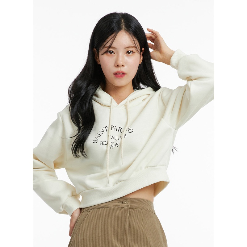 Lettering Hooded Crop Sweatshirt ON315 Light beige S/M