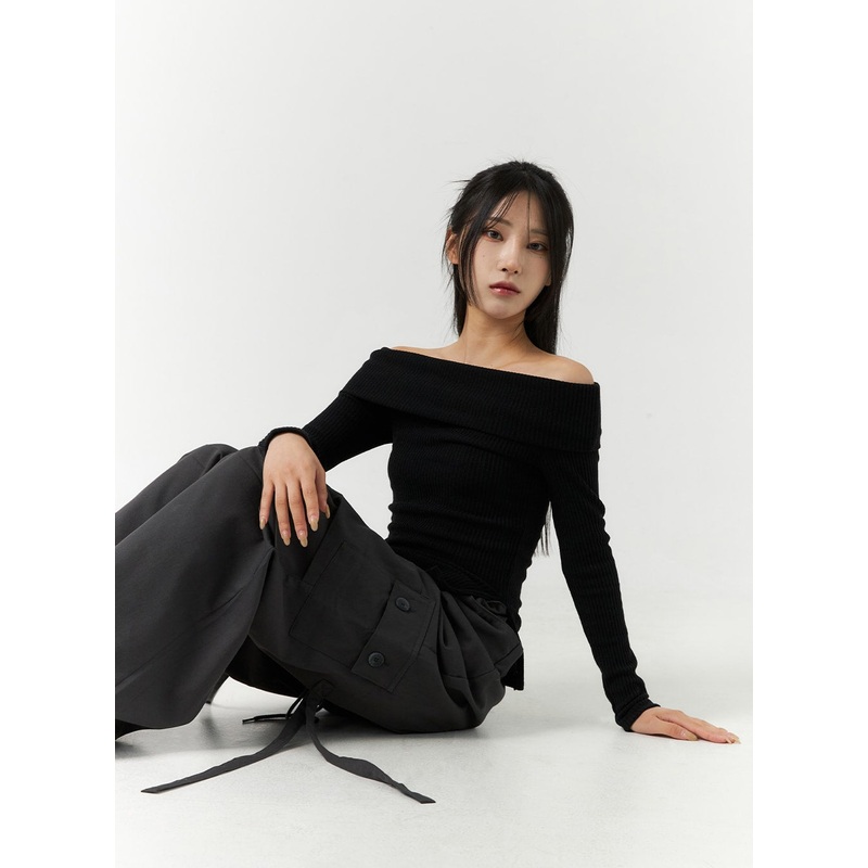 Off-Shoulder Slim Fit Knit Top CN317 Black S/M
