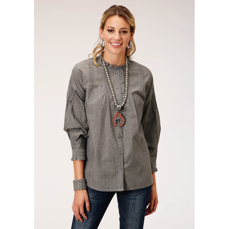 Womens Long Sleeve Cotton Melange Y D Btn Frt  Blouse XS