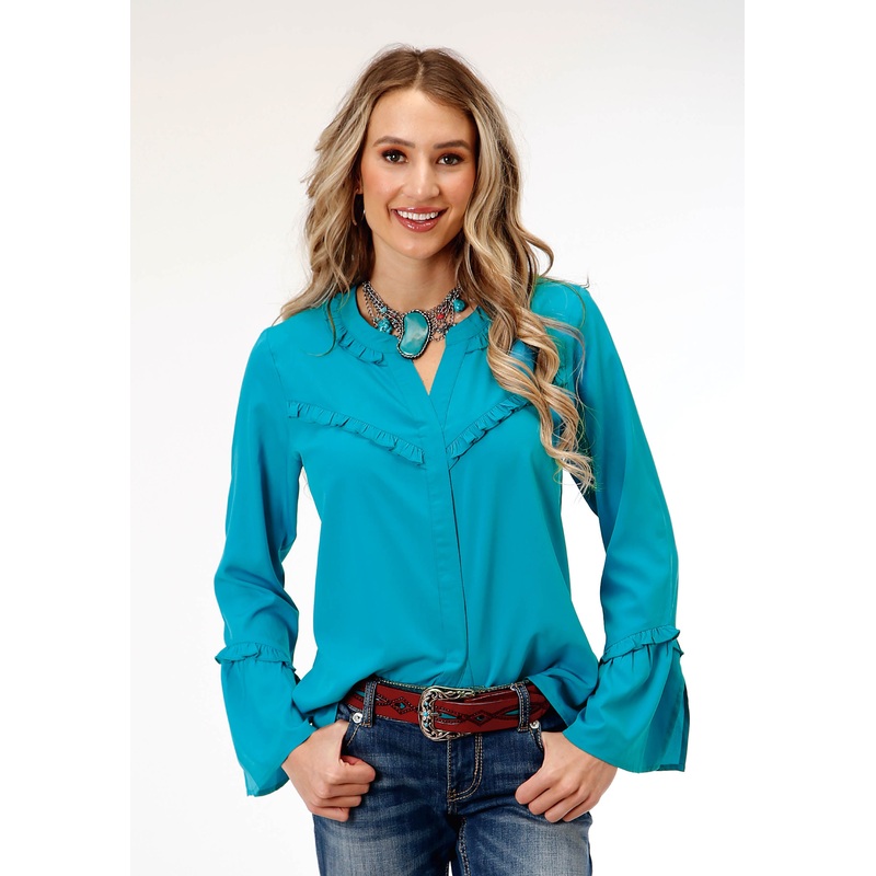 Womens Long Sleeve Dk Turquoise Poly Peasant  Blouse XS