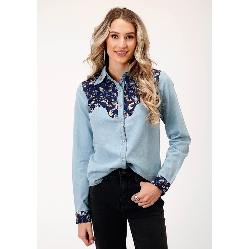 Womens Long Sleeve Snap Light Blue Denim Retro Shirt Western Shirt XS