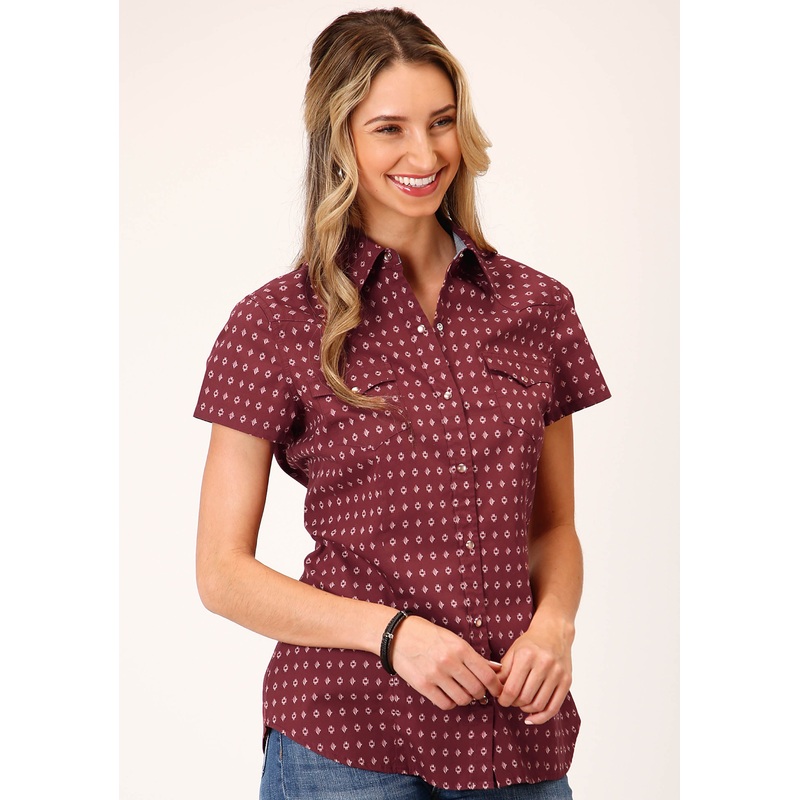 Womens Long Sleeve Snap Texture Diamond Print Western Shirt XS