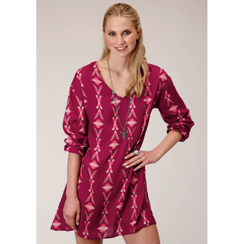 Womens Long Sleeve Wine Aztec Print Dolman Sleeveless Dress XS