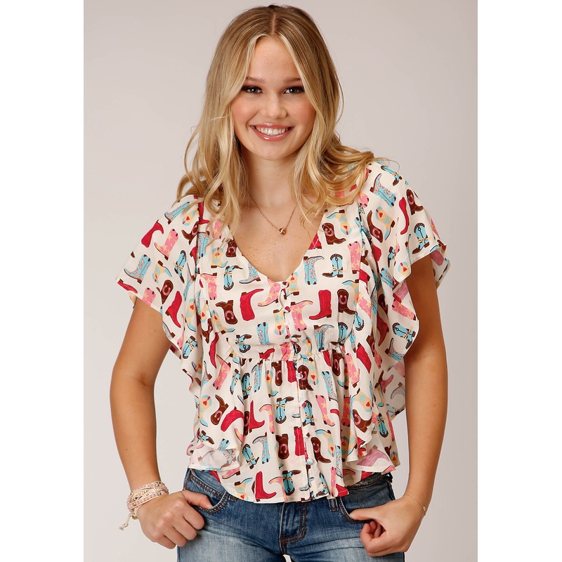 Womens Short Sleeve Boot Print Rayon Prairie Style Blouse XS