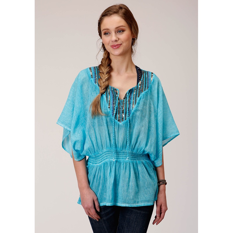 Womens Short Sleeve Cotton Crepe Emb  Blouse XS