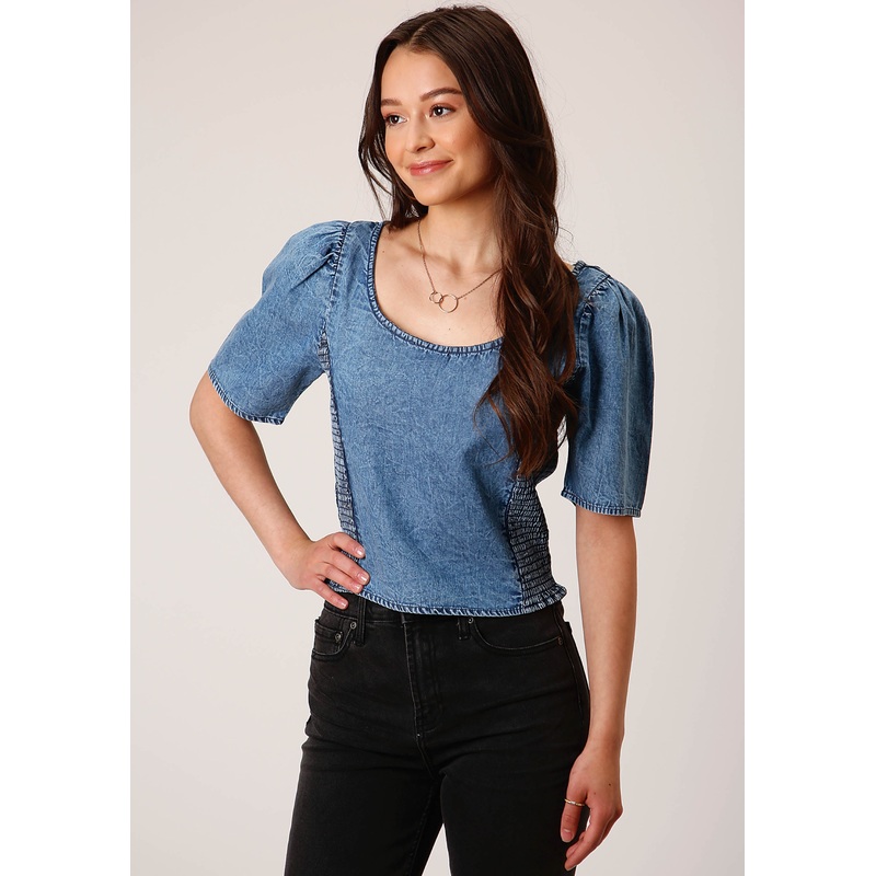 Womens Short Sleeve Medium Blue Short Sleeve  Denim Blouse XS