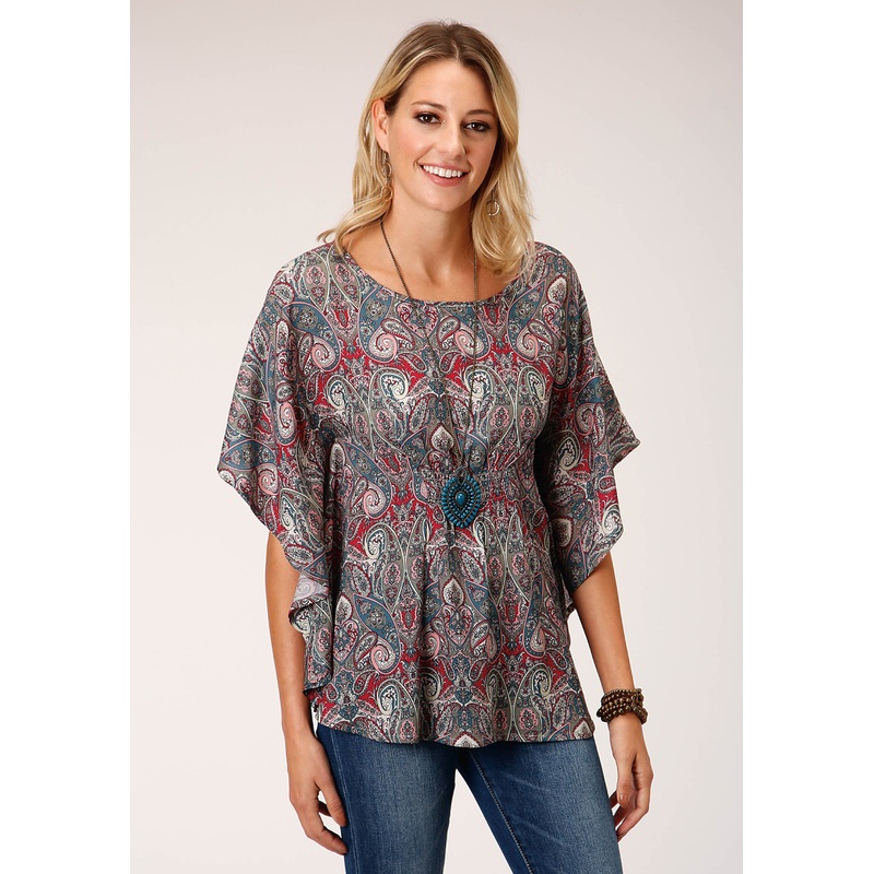 Womens Short Sleeve Sage Paisley Print Rayon Blouse XS