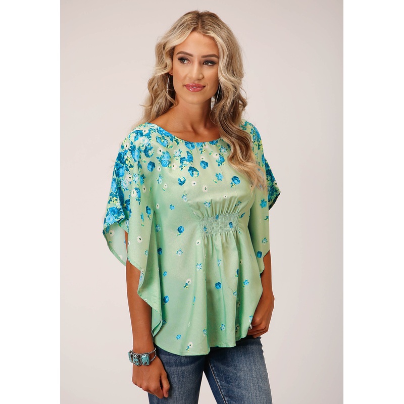 Womens Short Sleeve Summer Floral Brdr Print Amer Crepe Blouse XS